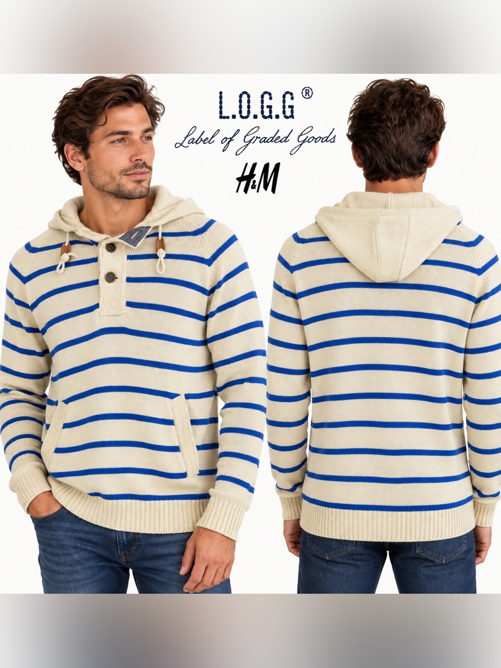 H&M Cream & Blue Striped Hooded Knit Sweater